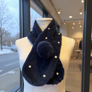 B021 Luxury Navy Faux Fur Scarf with Pearls Pom Winter Neck Wrap Plush Chic Warm
